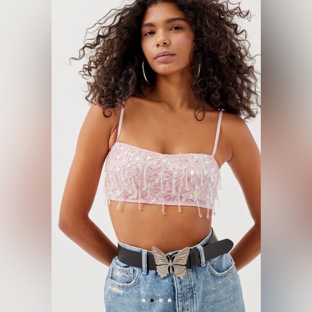 NWOT Pink Sparkly Sequin & Jewels Lace Cami Crop Top — Small - Picture 8 of 10